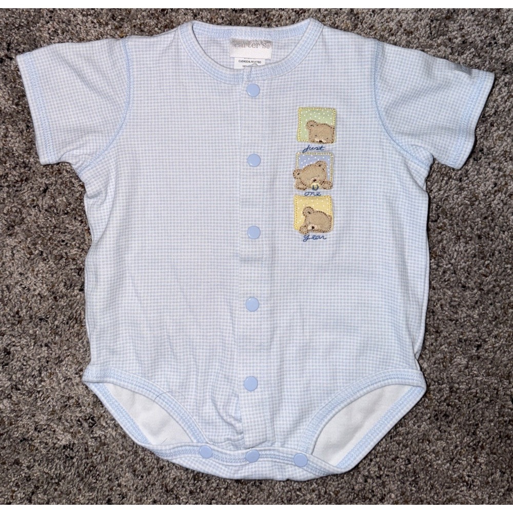 Baby Boy Vintage Carter's Just One Year 6-9 M Blue Check Embroidered Bear Romper